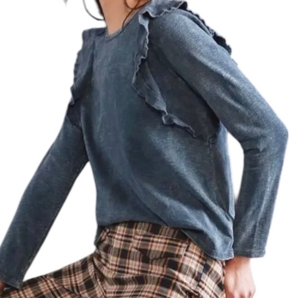 Anthropologie Eri + Ali Long Sleeve Heathered Blue Ruffled Shirt Top Sz S
